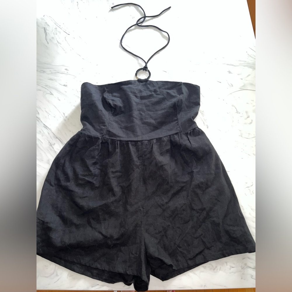 Old navy black romper one piece outfit xl shorts ring dress linen Halter tie